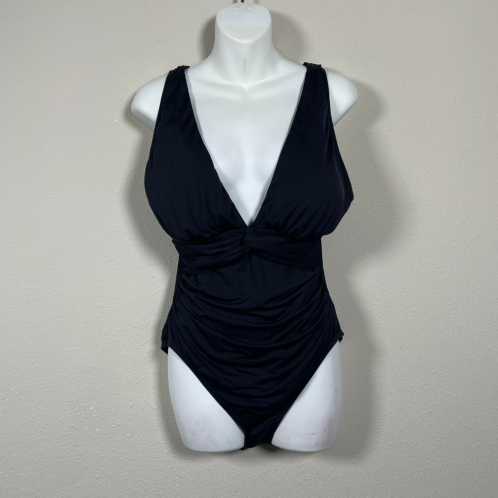 Soma One‎ Piece Swimsuit Women 14 Black Slimming Resort Ruched V-Neck Vacation